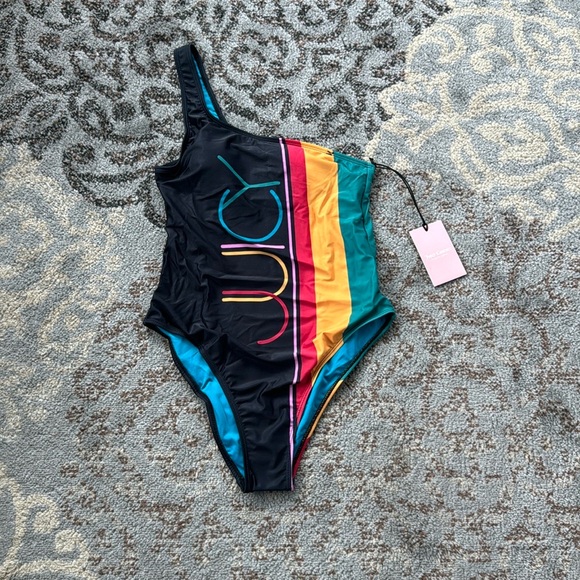 Juicy Couture One Shoulder Color Block One Piece Swimsuit Black Medium